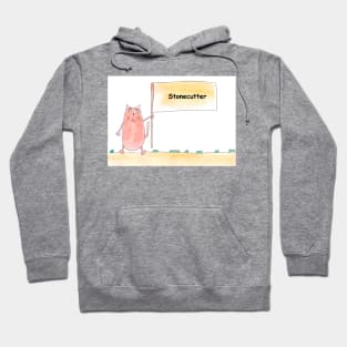 Stonecutter. Profession, work. Cat shows a banner with the inscription. Watercolor illustration. A gift for a professional. Hoodie